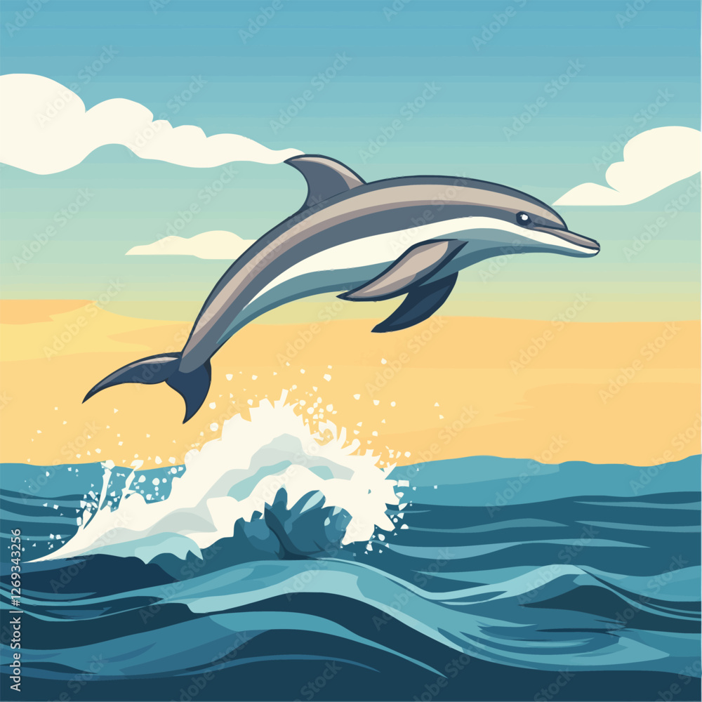 Obraz premium A lively 2D vector of a dolphin leaping out of the ocean waves.