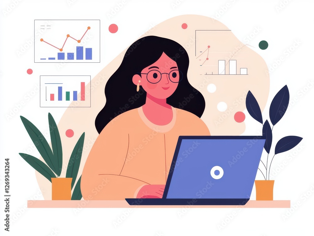 Businesswoman Working on Laptop with Data Visualizations in Office Businesswoman Working on Laptop with Data Visualizations in Office