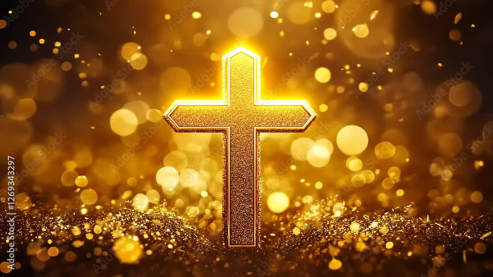 Golden Glittering Cross in a Sparkling, Festive Setting Golden Glittering Cross in a Sparkling, Festive Setting