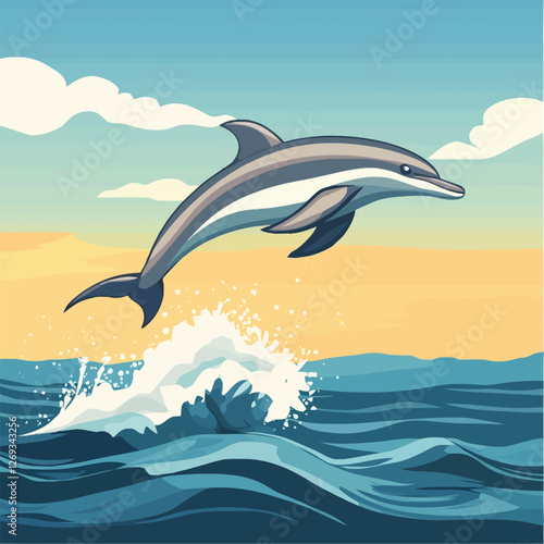 A lively 2D vector of a dolphin leaping out of the ocean waves.