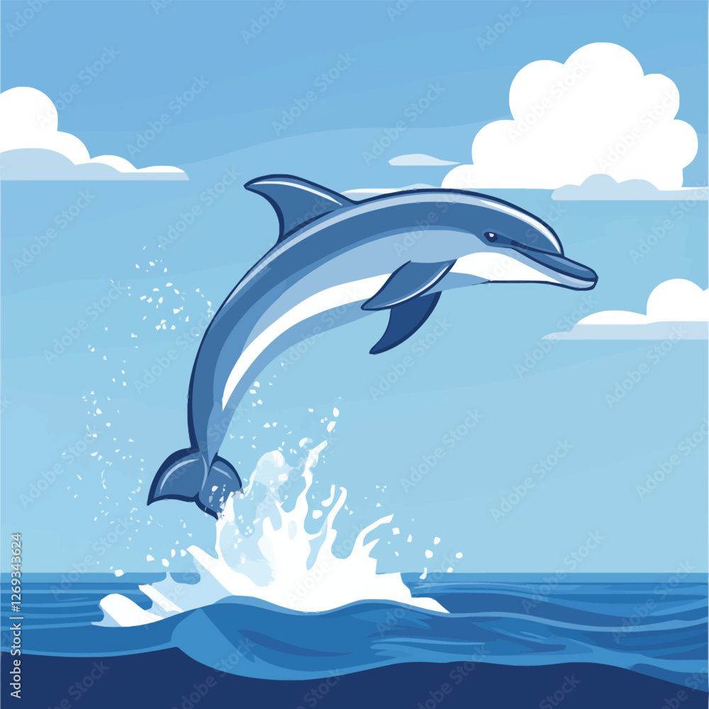 Obraz premium A lively 2D vector of a dolphin leaping out of the ocean waves.