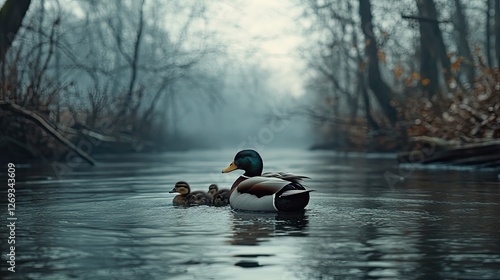 Wallpaper Mural Mallard ducklings swim misty river, autumn woods background, nature wildlife scene Torontodigital.ca