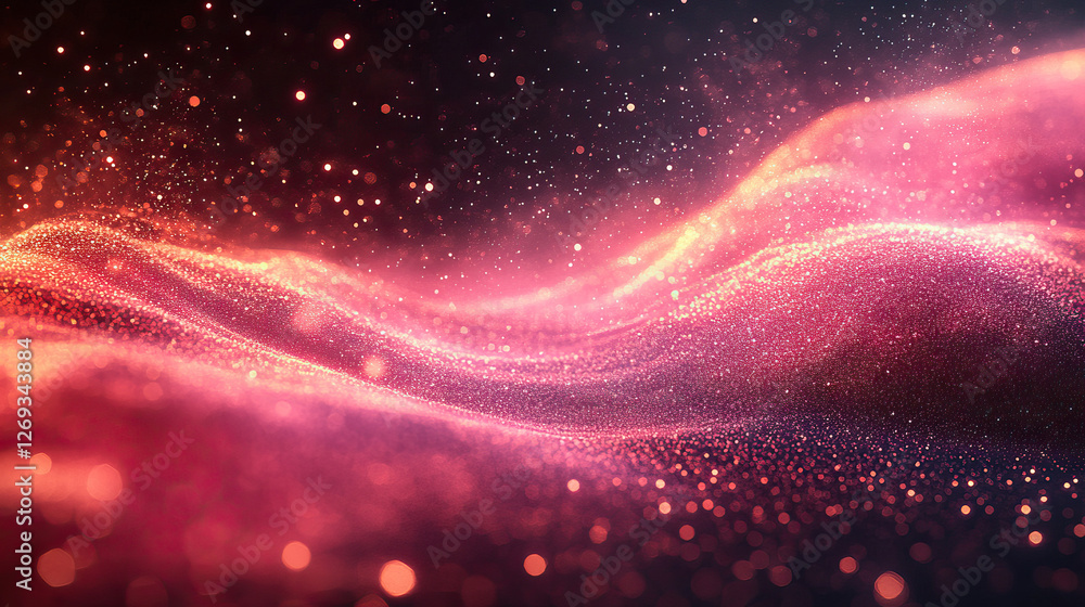 Glowing abstract background with red and pink glittering waves in neon light