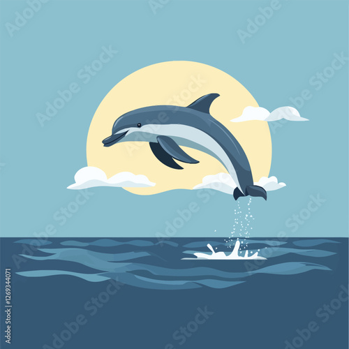 A lively 2D vector of a dolphin leaping out of the ocean waves.