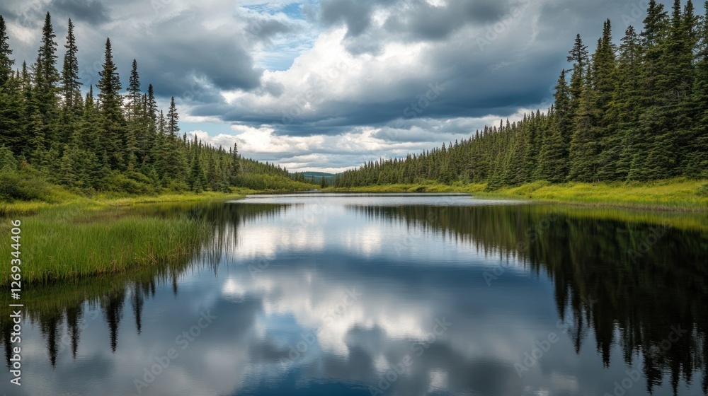 Obraz premium Calm lake reflecting clouds, forest background, tranquil scene, nature photography