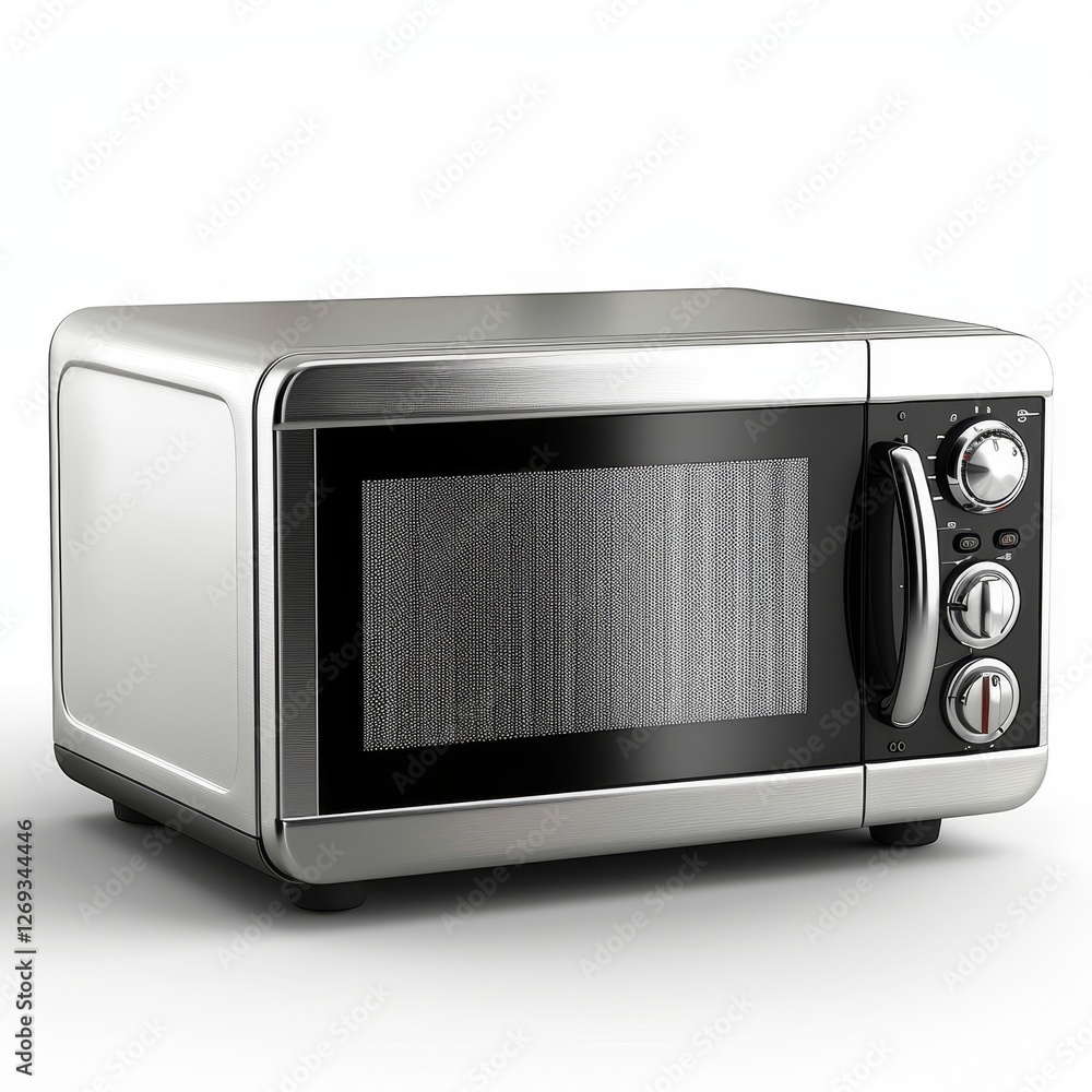Fototapeta premium A sleek, modern microwave oven with a stainless steel finish and control knobs for easy operation.