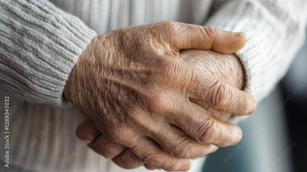 Fototapeta premium Elderly hands clasped showing wrinkled skin.