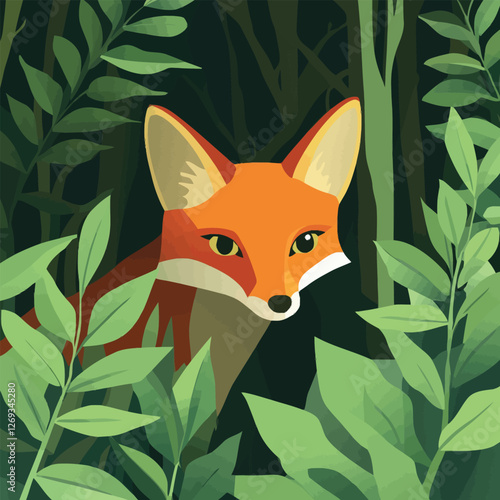 A stealthy 2D vector of a fox hiding among trees in a dense forest.