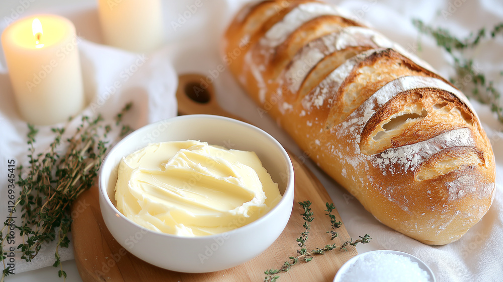 Freshly baked artisan bread with butter and herbs on wooden board Freshly baked artisan bread with butter and herbs on wooden board