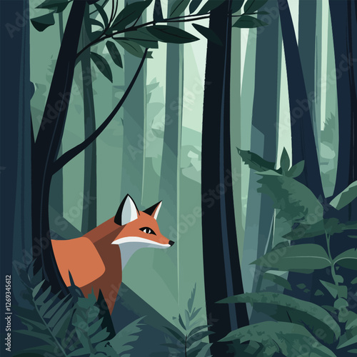 A stealthy 2D vector of a fox hiding among trees in a dense forest.