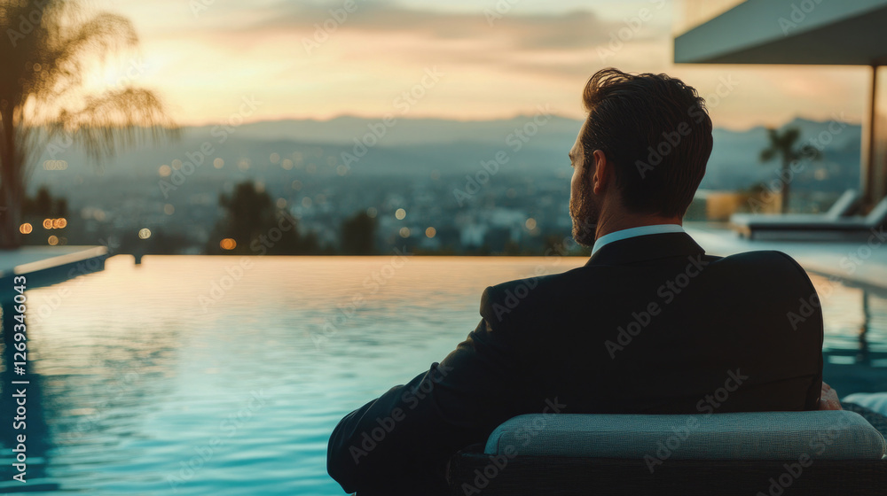 Male businessman in formal wear meditates by a luxury swimming pool at sunset overlooking the city skyline
Male businessman in formal wear meditates by a luxury swimming pool at sunset overlooking the city skyline
