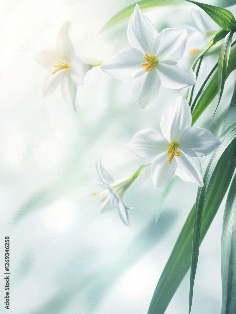 doffodil flowers on a white background with blur and green leaves doffodil flowers on a white background with blur and green leaves