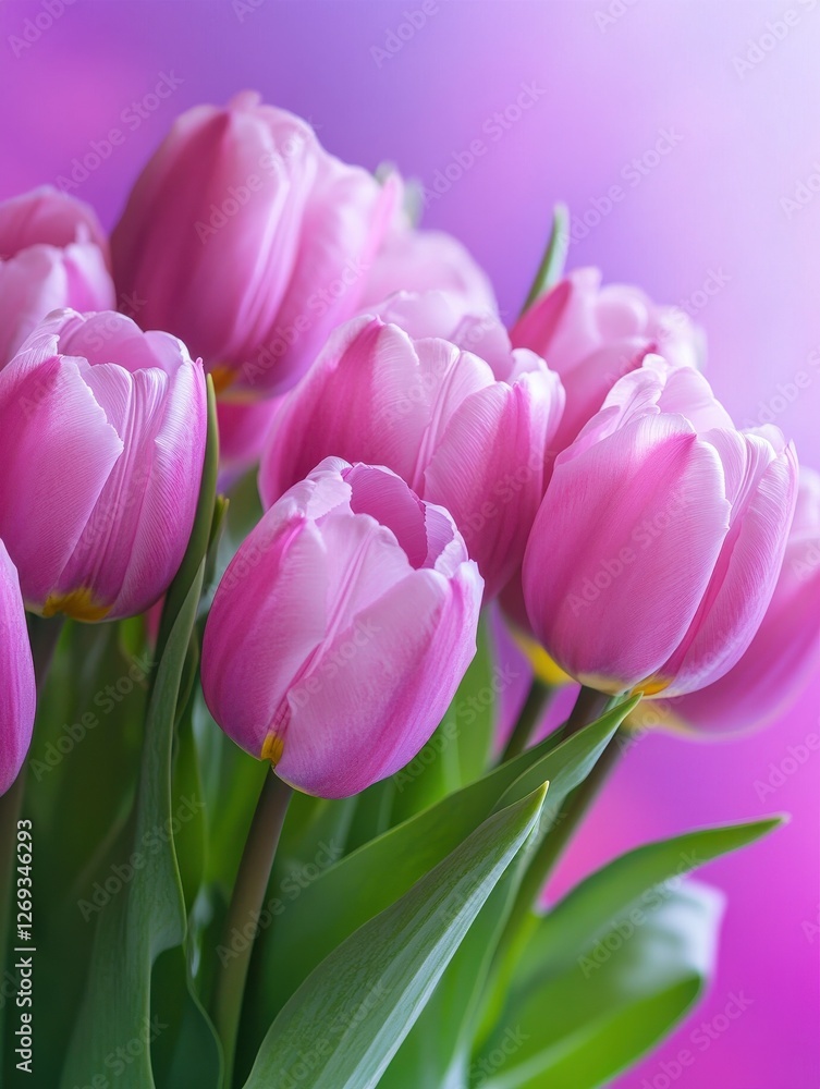 Fototapeta premium Pink tulips bouquet on blurry background, spring flowers for international womens day 8 march as gift, violet purple bunch romantic present from floral shop made by florist, close up view copy space