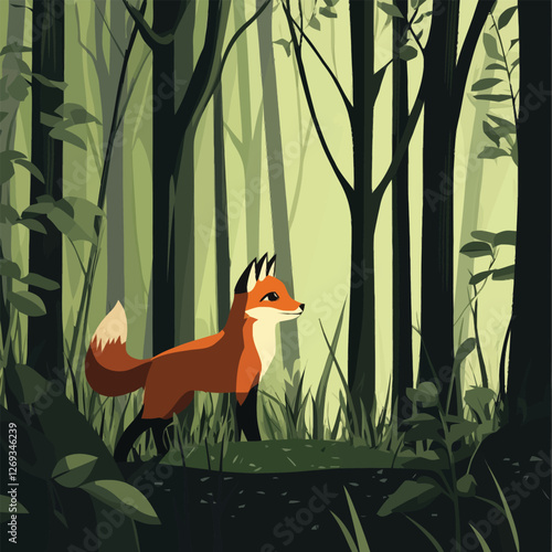 A stealthy 2D vector of a fox hiding among trees in a dense forest.