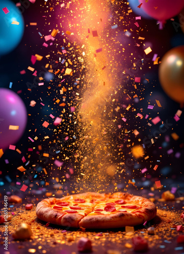 Obraz na płótnie Delicious pizza with golden dust falling on top, colorful confetti, vibrant multicolor background, and golden balloons, luxury party food, festive celebration, trendy gourmet dining w salonie