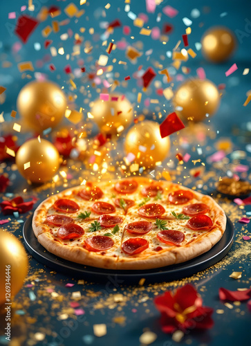 Obraz na płótnie Delicious pizza with colorful confetti, vibrant multicolor background, and golden balloons, festive party food, celebration mood, fun event, stylish dining, trendy food photography w salonie