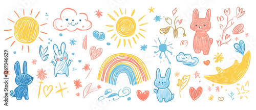 doodle drawings of various symbols, colorful lines, and shapes drawn by children png