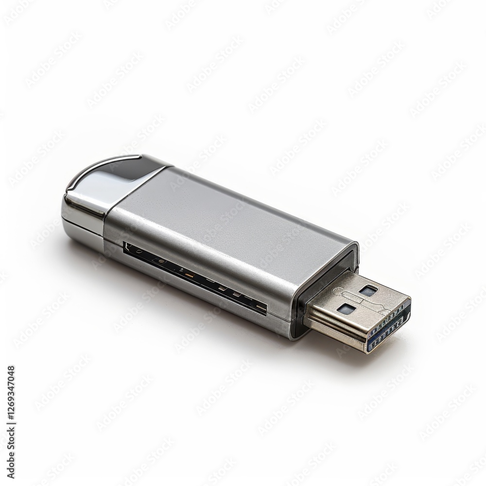 A sleek, silver USB flash drive partially inserted into a USB port, showcasing modern technology for data storage and transfer. A sleek, silver USB flash drive partially inserted into a USB port, showcasing modern technology for data storage and transfer.