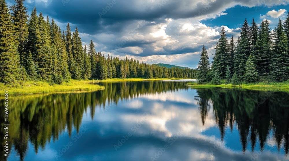 Fototapeta premium Peaceful lake reflected in cloudscape forest, tranquil nature, scenic view, for nature wallpaper