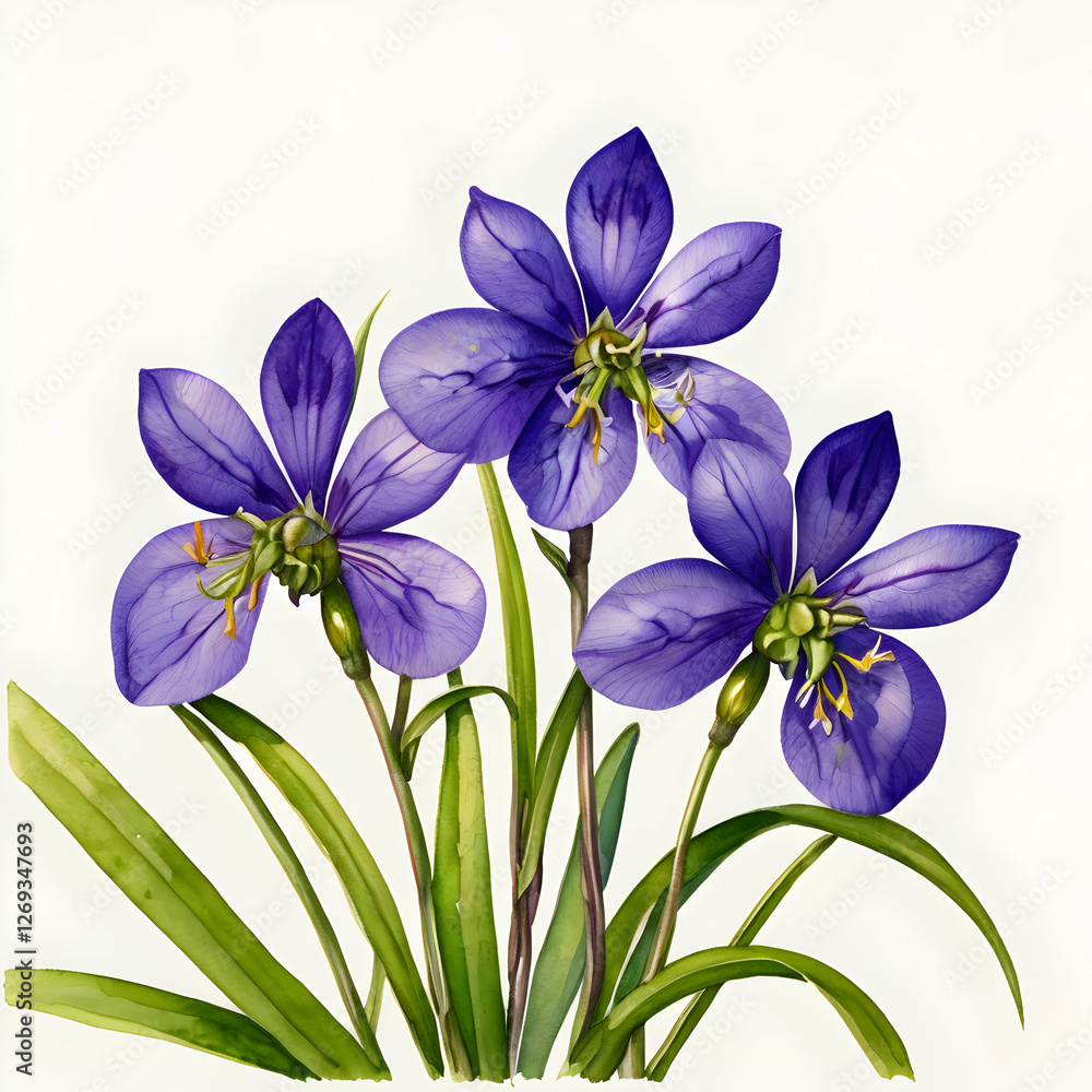 Naklejka premium vibrant watercolor spiderwort flowers in full bloom delicate blooms with lush green foliage on white background