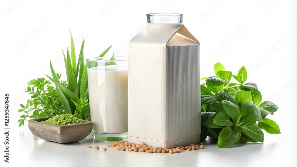Soy Milk Carton and Glass with Soybeans and Herbs on White Background Soy Milk Carton and Glass with Soybeans and Herbs on White Background