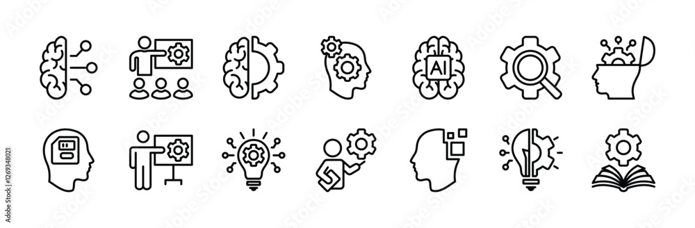 Machine learning technology line icon set. Contains artificial intelligence or ai, brain, education, digital, automation, innovation, science, robotic, futuristic, intelligence. Vector illustration Machine learning technology line icon set. Contains artificial intelligence or ai, brain, education, digital, automation, innovation, science, robotic, futuristic, intelligence. Vector illustration