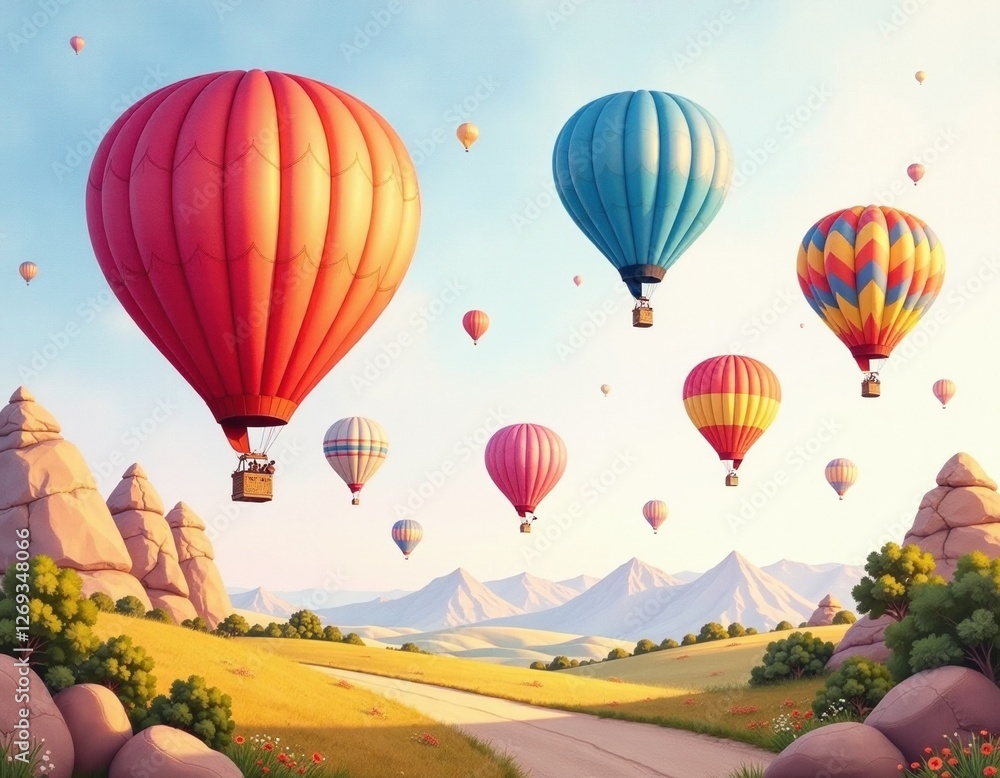 Obraz premium Colorful Hot Air Balloons Soaring Over Scenic Landscape