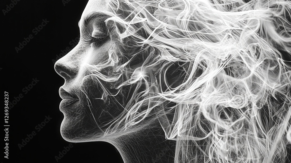 Abstract 3D Render Portrait of a Woman with Flowing Hair in Ethereal Style Abstract 3D Render Portrait of a Woman with Flowing Hair in Ethereal Style