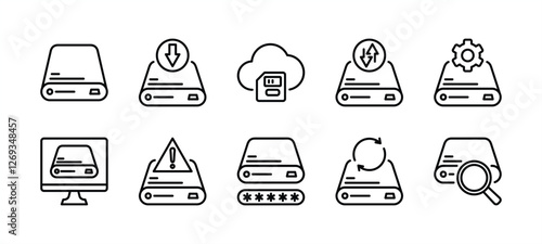 Computer hard disk drive technology thin line icon set. Containing save, data storage process, memory cloud, data transfer, setting, warning, password key, searching, process. Vector illustration