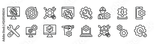 Gear settings tool thin line icon set. Containing configuration, installation, maintenance, engineering, mechanism, repair, service, customization, wrench, screwdriver, engineer, setup, technician