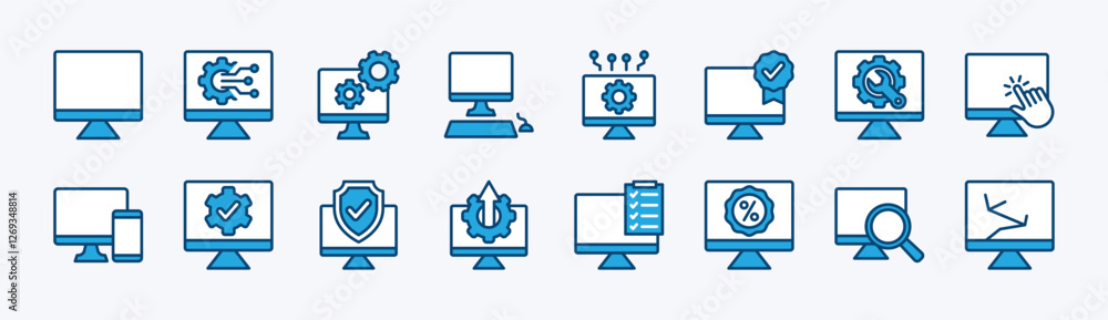 Set of Computer monitor device technology icon. Containing settings, display, touch screen, guarantee, repair, mobile, protection, discount, search, specification, list, upgrade. Vector illustration Set of Computer monitor device technology icon. Containing settings, display, touch screen, guarantee, repair, mobile, protection, discount, search, specification, list, upgrade. Vector illustration
