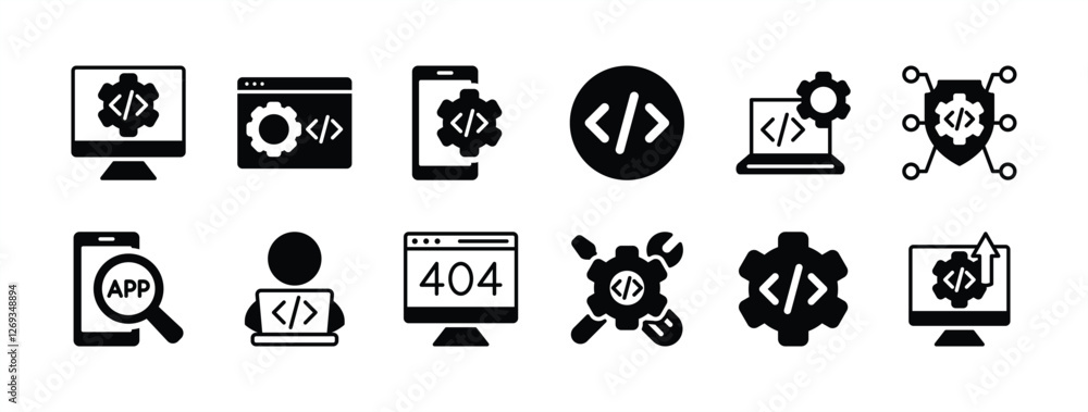 Computer and mobile programming code vector icon set. Containing coding, software development, application, programmer, testing, website, 404, error, button, technology, setting Computer and mobile programming code vector icon set. Containing coding, software development, application, programmer, testing, website, 404, error, button, technology, setting