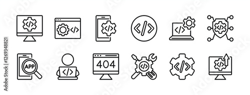 Computer and mobile programming code thin line icon set. Contains coding, software development, application, programmer, testing, website, 404, error, button, technology, setting. Vector illustration