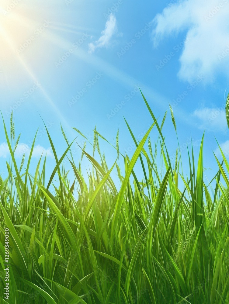 Fototapeta premium Beautiful spring or summer background with green grass and blue sky