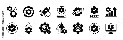 Upgrade, update, progress, process, development and improvement icon vector set. Containing startup, maintenance, repair, speed, setup, configuration, installation, technology, growth bar