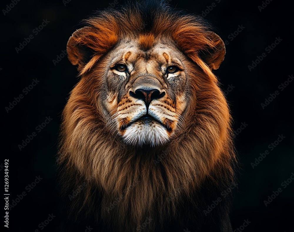 Fototapeta premium Majestic Lion Portrait Intense Gaze of an African Predator in Dark Setting Wildlife Photography Strength and Power Embodied