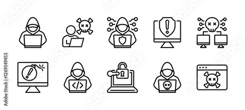 Hacker thin line icon set. Containing hacking and access a computer, website, network, coding, virus, attack, cyber security, server, warning, database. Vector illustration