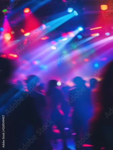 Blurred people inside disco club with colorful laser lights in background - Defocused image - Concept of nightlife with music entertainment - Original color bokeh - Warm vivid filter