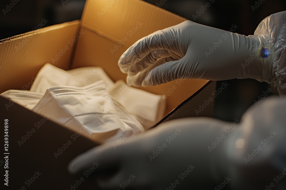 Clean White Gloves Handling Box of Fabric Materials Inside Clean White Gloves Handling Box of Fabric Materials Inside