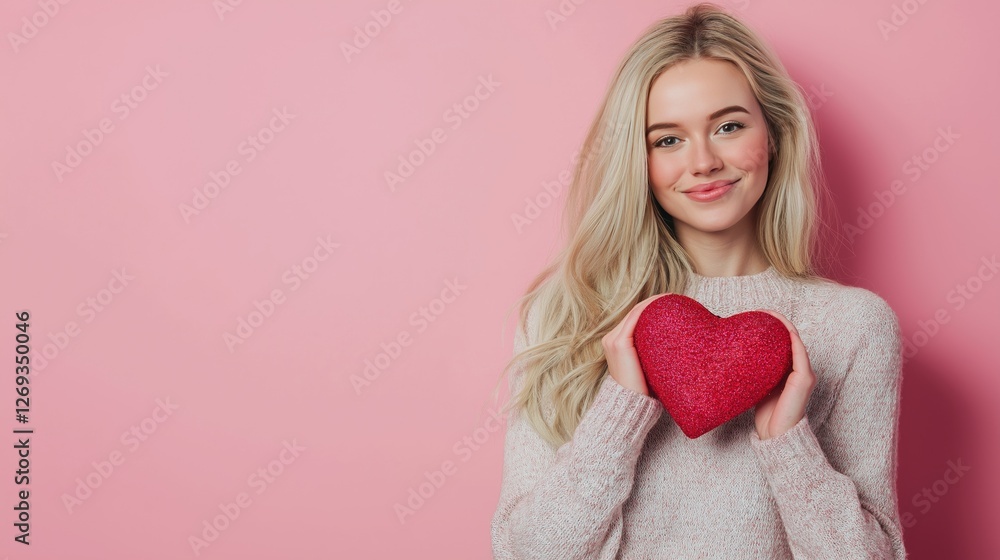 Smiling blonde woman with heart-shaped red object in her hands, celebrating Valentine’s Day, ideal for greeting cards and romantic banners. Smiling blonde woman with heart-shaped red object in her hands, celebrating Valentine’s Day, ideal for greeting cards and romantic banners.