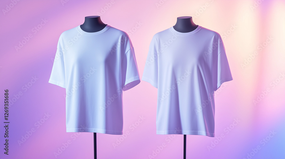 A floating white t-shirt, showing both the front and back view side by side, presented on an invisible mannequin against a soft gradient background. A floating white t-shirt, showing both the front and back view side by side, presented on an invisible mannequin against a soft gradient background.