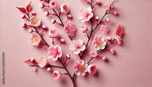 Elegant cherry blossom branches on soft pink background
