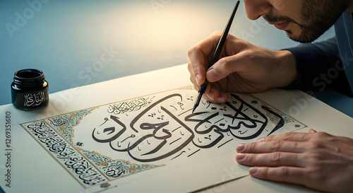 A calligrapher writing verses from the Quran in elegant script