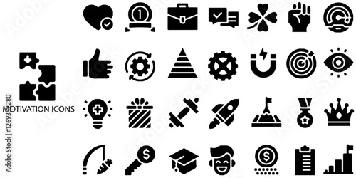Motivation simple concept 28 icons set. Contains such reason, initiate, human, continue, behavior, states, compete, paradigmatic mental and desire .Vector illustration.