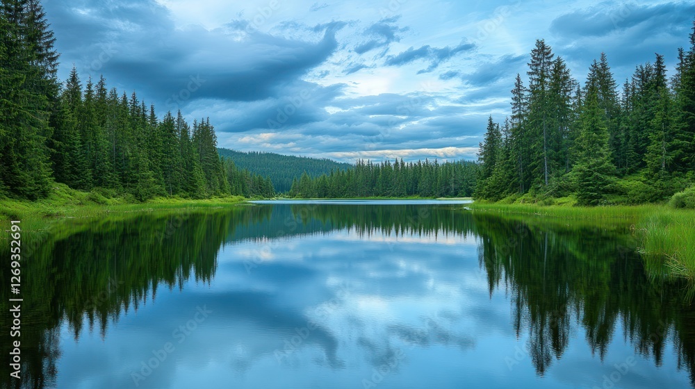 Fototapeta premium Serene mountain lake reflecting a cloudy sky. Tranquil forest landscape. Nature photography