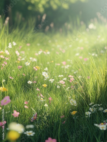 Beautiful spring meadow with grass and flowers in sunlight background banner, spring themed designs, nature projects, backgrounds, greeting cards, and floralthemed marketing materials.