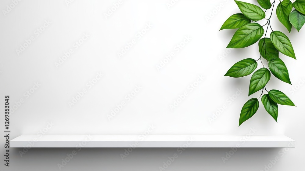 Green plant leaves cascading from a white shelf against a clean, white background. Green plant leaves cascading from a white shelf against a clean, white background.