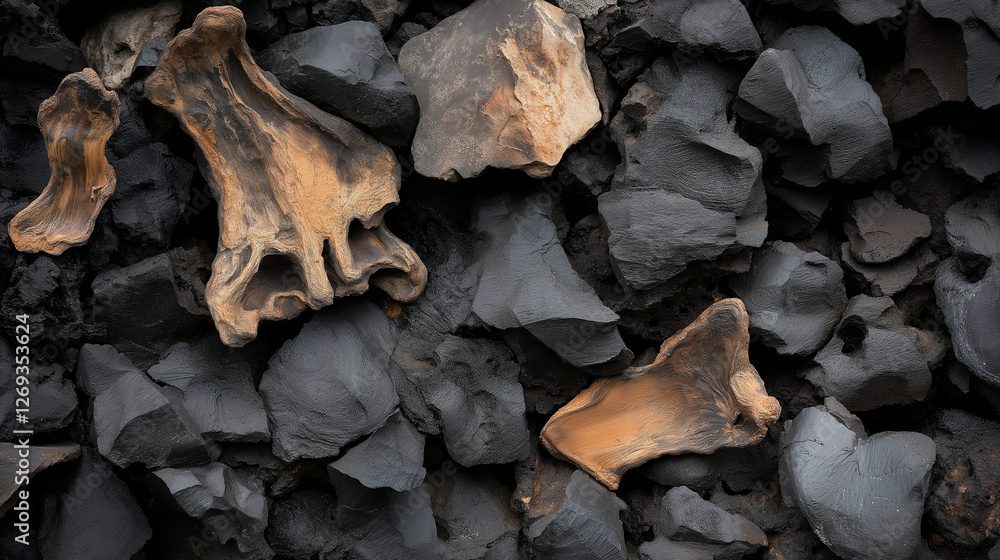 A mix of ancient petrified bones and volcanic rock fragments, showcasing the contrast between organic fossil textures and hardened lava formations. A mix of ancient petrified bones and volcanic rock fragments, showcasing the contrast between organic fossil textures and hardened lava formations.