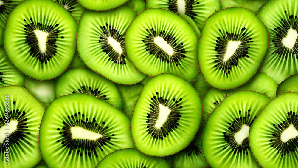 A significant quantity of kiwi slices provides a textured background A significant quantity of kiwi slices provides a textured background