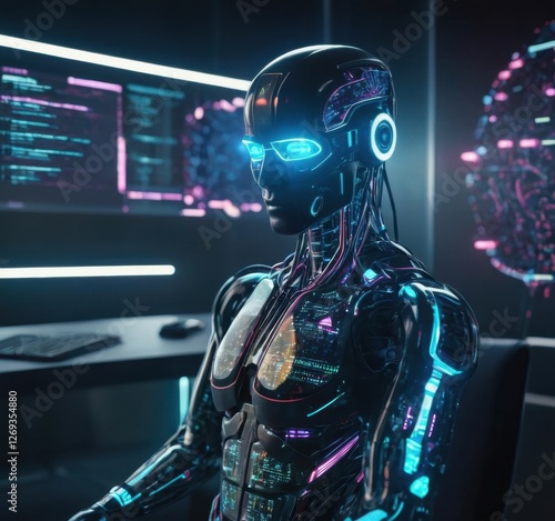 Humanoid AI robots show that in the future they will play a role in collaboration with humans. Modern appearance, realistic rendering, science fiction style. photo